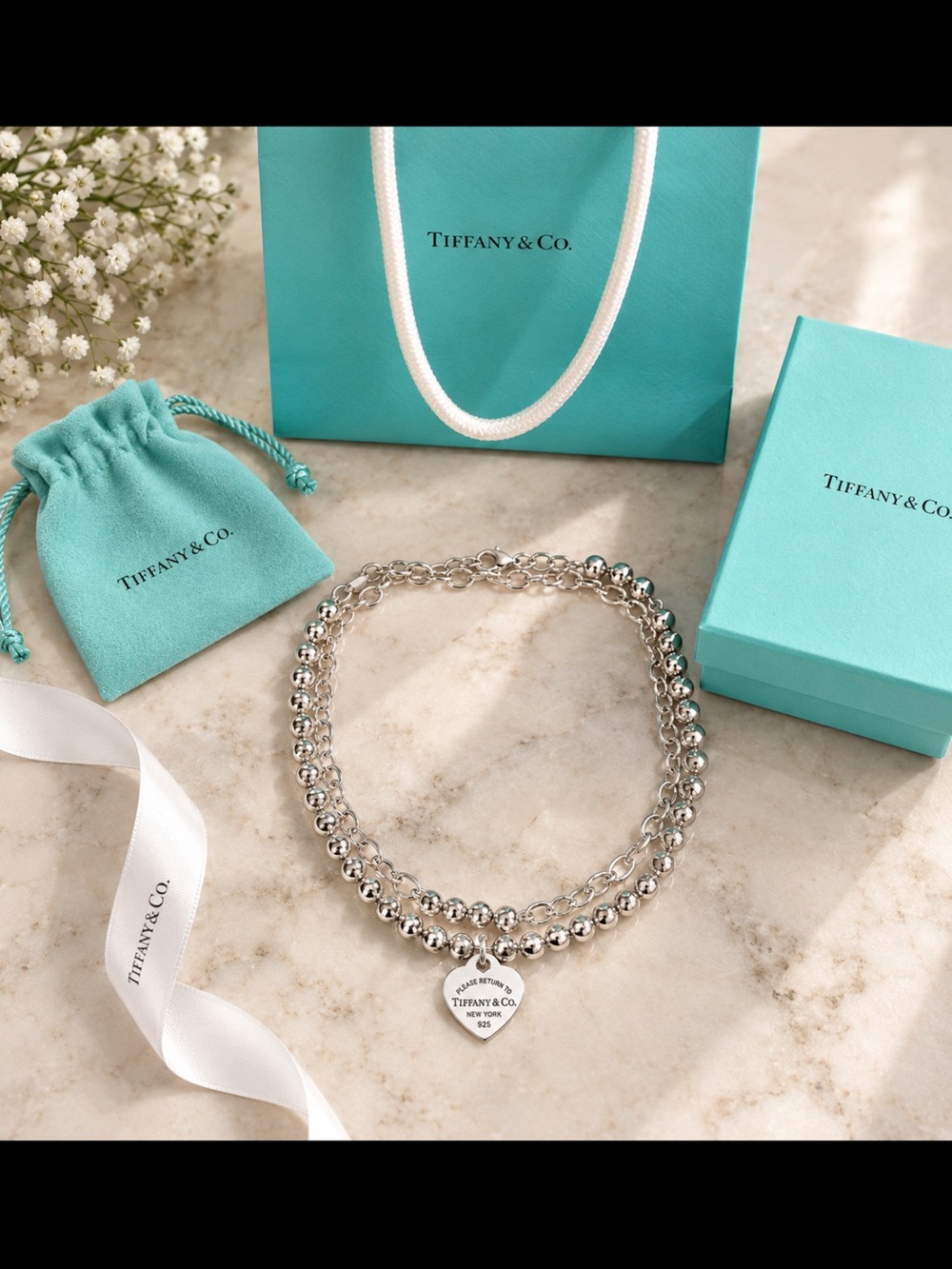 Tiffany & Co. Polished Silver Bead Necklace with Heart Tag